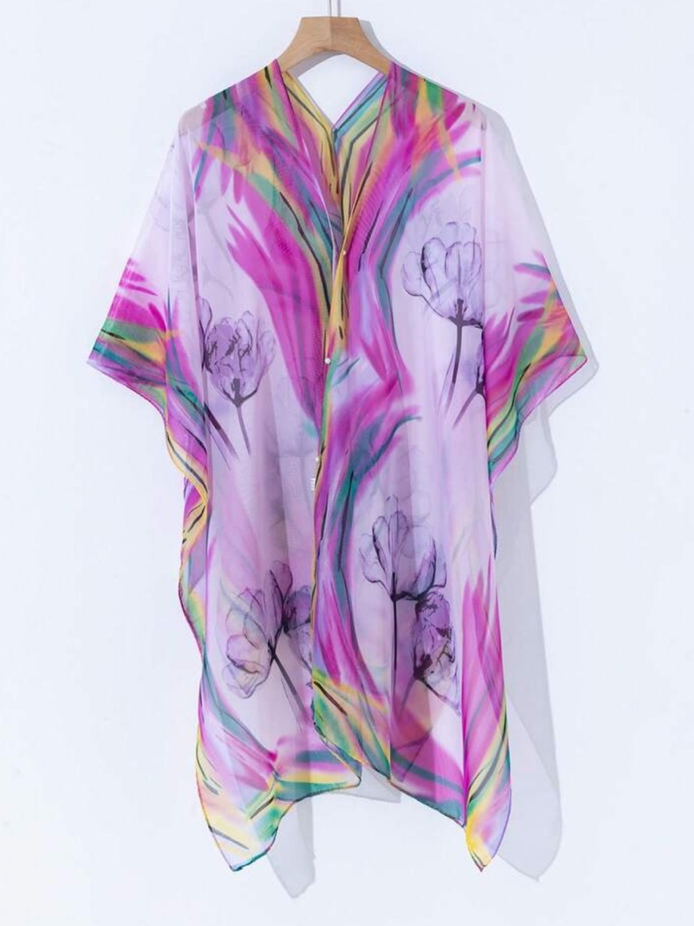 Purple and Yellow Watercolor Chiffon Convertible Scarf Wrap Kimono OS